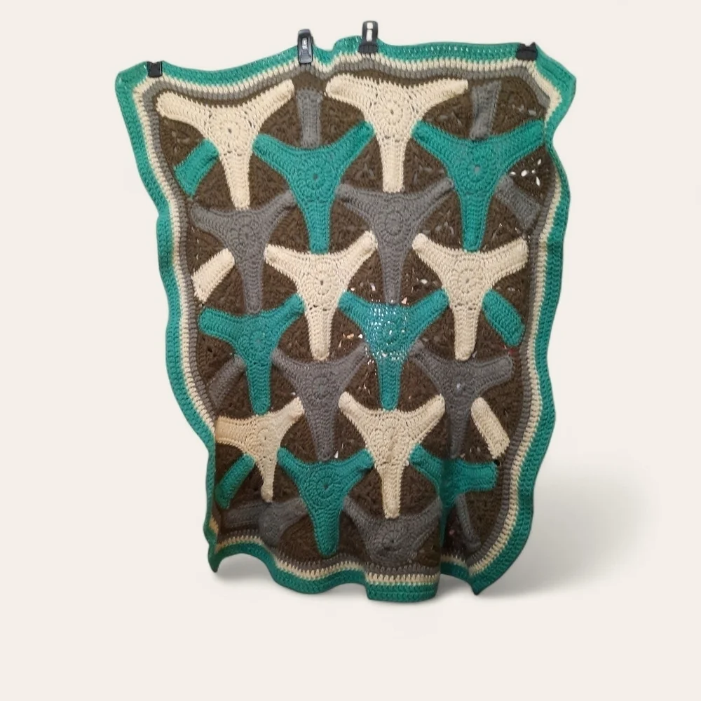 Handmade Crochet in Blue Green, Gray, and Cream 42x36 Throw
